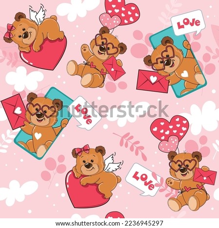 Cute cartoon teddy bear with hearts and letters on a pink background seamless pattern. Vector illustration for valentine's day. T-shirt design, greeting cards