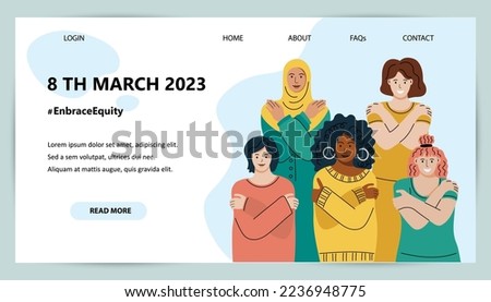 Online Activism Landing Page Template. Embrace Equity is campaign theme of International Women's Day 2023. Women are hugging themself. Fight like a girl. Vector illustration. Royalty-Free Stock Photo #2236948775