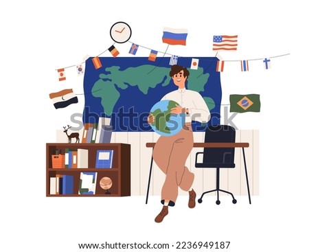 Geography teacher teaching at lesson in school classroom. Geographic lecture, seminar, class with Earth globe, world map, flags for education. Flat vector illustration isolated on white background Royalty-Free Stock Photo #2236949187
