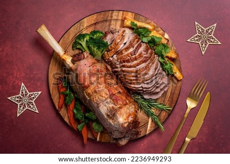 Food photography of roasted lamb, meat, butchery, garnish
