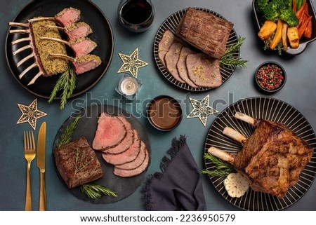 Food photography of roasted beef,  lamb, fillet, meat, sirloin, steak, beefsteak, table, dinner