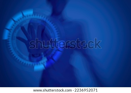 Blurred Blue Robot Cyborg Man with Hand Touching on Motion Hi Tech Circle Interface HUD, Suitable for Technology Concept.