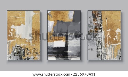 Modern abstract painting wall art set. Posters, covers, prints. Watercolor hand painted background. Creative colorful, black, white, gold art triptych. Vector illustration.