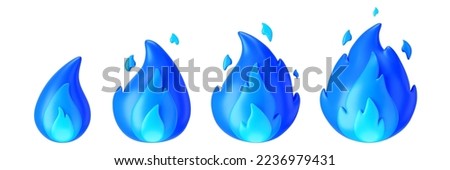 3d blue fire flame icons set with burning red hot sparks isolated on white background. Render sprite of fire emoji, energy and power concept. 3d cartoon simple vector illustration