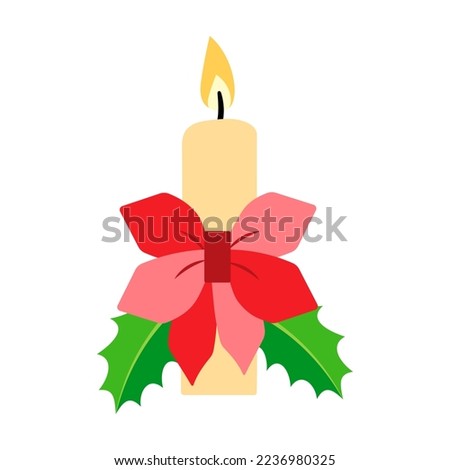 Christmas candle and holly berry. Festive candle. Vector illustration