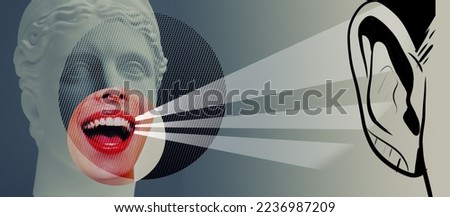 Contemporary collage of plaster statue head and young woman with open mouth over deep blue background. Speakers, heralds, propagandists and agitators concept Royalty-Free Stock Photo #2236987209