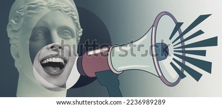 Contemporary collage of plaster statue head and open mouth of young woman with megaphone. Speakers, heralds, propagandists and agitators concept Royalty-Free Stock Photo #2236989289