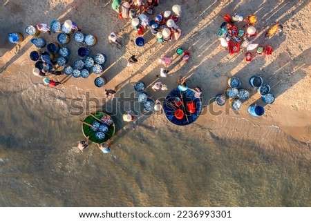 Aerial view of Tam Tien beach and fish market, Tam Ky, Quang Nam, Vietnam. Near Hoi An ancient town