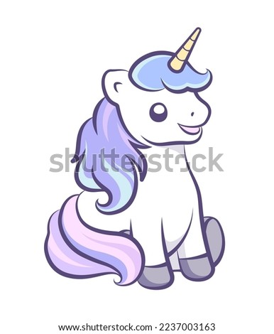 Cute happy unicorn sitting down vector illustration. Mythical creature cartoon design print for kids.