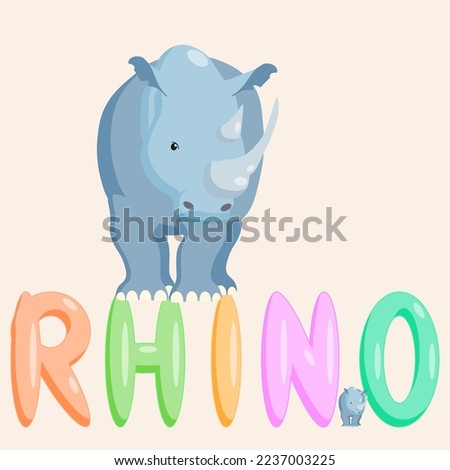 Cartoon rhinoceros character of an educational nature with the name of the animal. Isolated vector illustration.