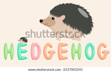 Cartoon hedgehog character of educational nature with the name of the animal. Isolated vector illustration.