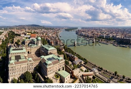 Panorama drone photo of Budapest, Hungary. The Buda Castle and the Royal Palace, the river Danube with Chainbridge. Royalty-Free Stock Photo #2237014765