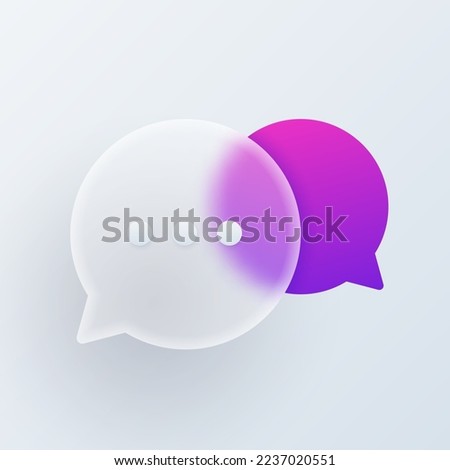 Two speech bubbles superimposed on each other, vector modern trend icon in style of glassmorphism with gradient, blur and transparency. Dialogue boxes, chatting, talk and information sign