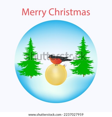 Green Christmas trees, bullfinch, yellow glass ball - round icon -   Merry Christmas. Sale. Winter vacation.