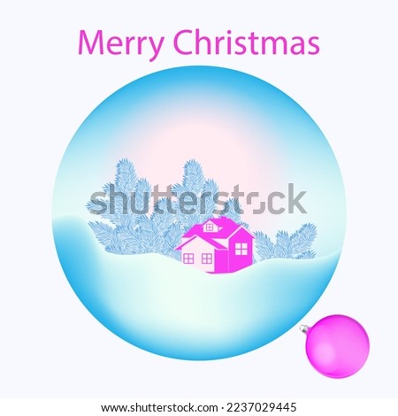 Snowdrifts, country pink house, blue spruce - round icon -  Merry Christmas. Sale. Winter vacation.
