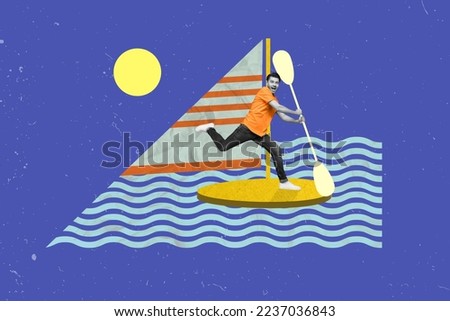 Creative photo 3d collage artwork postcard poster picture of young cool sporty guy surfing big ocean wave isolated on painting background