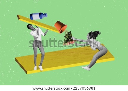 Creative photo 3d collage artwork postcard poster picture of funny people have trouble catching flowers isolated on painting background