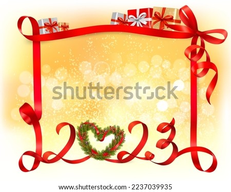 Merry Christmas and Happy New Year Background with letters 2023 made of red ribbon and branches of a Christmas tree with berries and fir cones in the shape of a heart. Vector