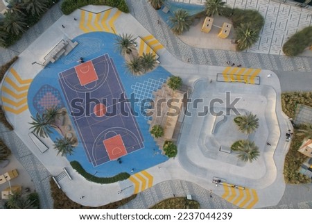 A view of a basketball court from a drone's perspective, Dubai Design District, United Arab Emirates