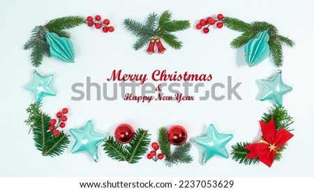 Greeting holiday card. Merry Christmas and Happy New Year text. Rectangular frame of spruce twigs, christmas decorations and toys. White background.