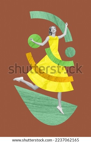 Vertical collage picture of excited positive black white gamma girl jumping have good mood isolated on creative background