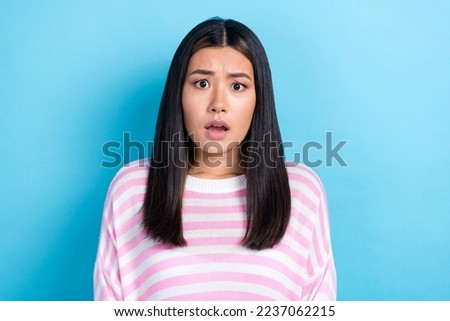 Photo of shocked impressed girl dressed pink pullover open mouth isolated blue color background