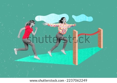 Collage photo of young fast running woman together hurry finish line career progress first place competition winner isolated on blue color background