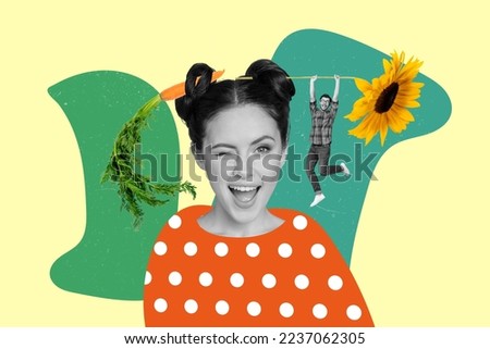 Creative collage picture of mini black white colors guy hanging sunflower girl bun hairdo isolated on drawing background