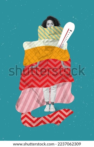 Vertical collage portrait of black white effect girl covered painted blanket thermometer isolated on drawing background