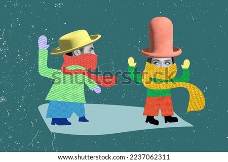 Composite collage picture of two small funny people headwear painted winter clothes isolated on drawing background