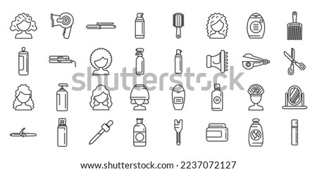 Curly hair care icons set outline vector. Hair dandruff. Shampoo volume Royalty-Free Stock Photo #2237072127