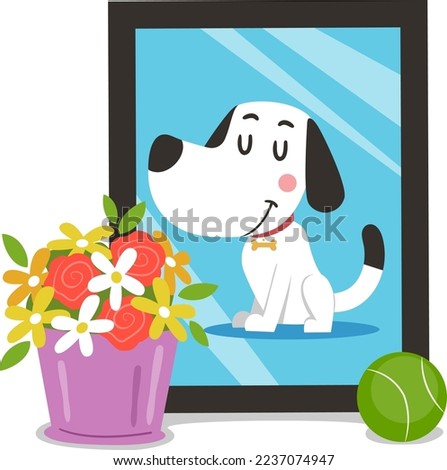 Illustration of Dead Pet Dog Picture with Vase Full of Flowers and Ball Toy