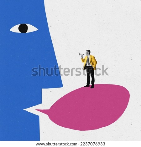Man shouting at megaphone. Conceptual art collage. Ideas, imagination, surrealism, cubism. Concept of propaganda, business, psychology, mass media influence, info and addiction Colorful minimalism Royalty-Free Stock Photo #2237076933