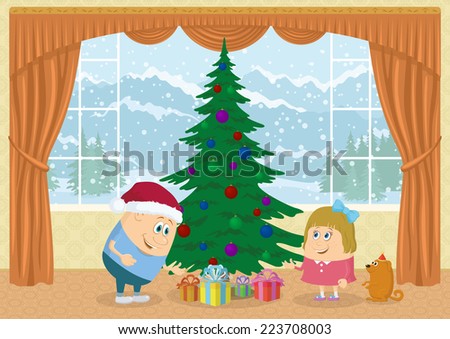 Cheerful Children, boy, girl and dog finding gift boxes under fir tree in room with view on mountains and snowy sky, Christmas holiday background illustration, funny cartoon characters. Vector