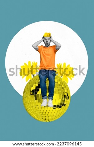 Photo sketch collage graphics artwork picture of excited guy flowers growing brains head sitting disco ball isolated drawing background