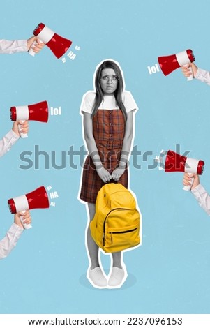 Creative abstract collage template graphics image of sad upset lady getting class mates mockeries isolated drawing background