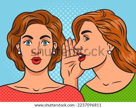 woman whispering gossip in woman ear pinup pop art retro raster illustration. Comic book style imitation.