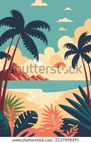 Cartoon summer beach vacation, Tropical Palm tree, ocean or sea seashore Paradise nature background vector illustration