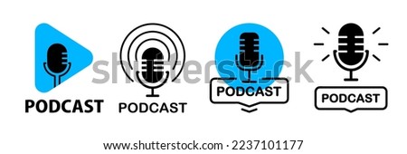 Podcast. Microphone icon. Set of radio podcast icons. Webinar, online training, radio show or audio blog podcast concept. Webcast audio record concept. Vector flat illustration, icons, logo design