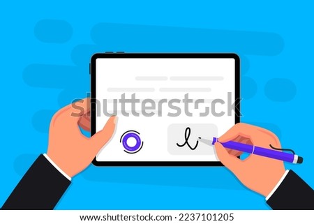 Businessman signing contract with digital pen on tablet. Electronic signature concept. Digital signature, electronic contract, e-signature. Signing document with digital signature. Business technology