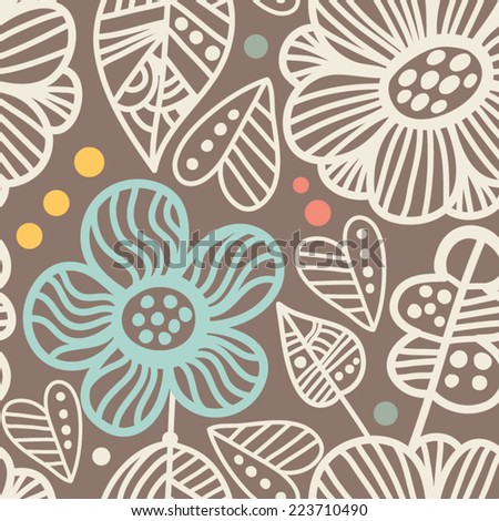 Awesome vector seamless patter of graphic leaves and flowers. Bright illustration, can be used for creating card, invitation card for wallpaper and textile.