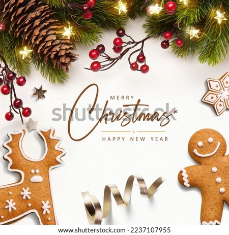 Merry Christmas and Happy Holidays greeting card, frame, banner. New Year. Noel. Christmas tree branch, gingerbread and ornaments on white background. Winter xmas holiday theme. 
