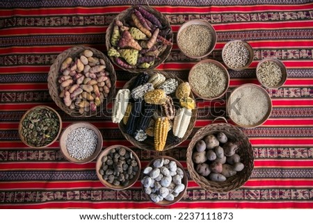 Pachamanca Ingredients. In the pachamanca ceremony, lamb, alpaca, pork and beef are cooked. Also variety of tubers and vegetables. All under hot stones and covered with earth. Royalty-Free Stock Photo #2237111873