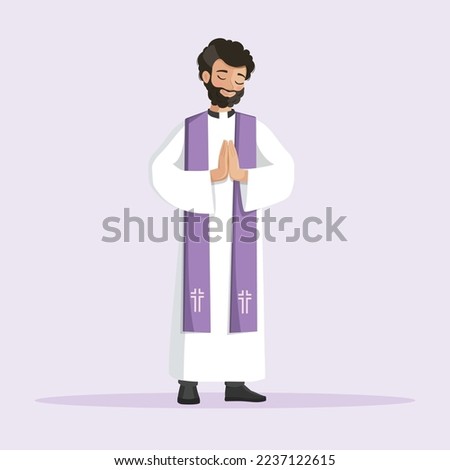 Young priest praying with hands together and dressed with alb and purple stole Royalty-Free Stock Photo #2237122615