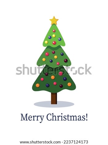 Christmas tree with decorations in flat style. Vector illustration of a Christmas tree with colored balls and a star isolated on a white background. Merry Christmas! Christmas, New Year card,poster