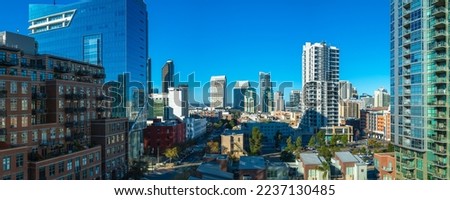 San Diego skyline cityscape, panoramic downtown buildings on a sunny morning with blue sky in Southern California, USA, high view