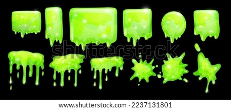 Slime vector frame set, green 3D jelly liquid toxic cartoon dripping mucus Halloween splat kit. Poison sticky goo, transparent spooky radioactive blob, paint splash blot. Green slime horror clipart