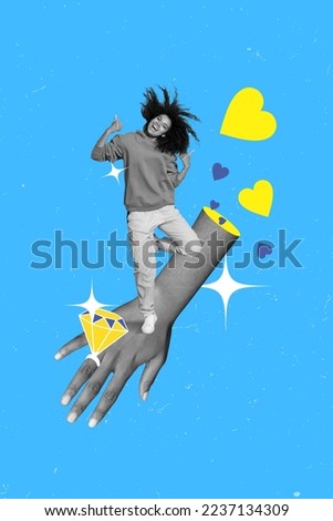 Vertical collage picture of mini black & white colors girl standing on  arm finger huge diamond ring isolated on blue background Royalty-Free Stock Photo #2237134309