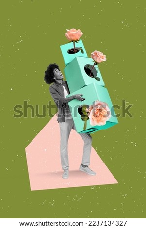 Vertical collage image of cheerful black & white gamma guy hold pile stack box rose flowers isolated on drawing background