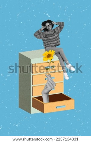 Artwork magazine collage picture of happy smiling lady sitting chest of drawers getting arm flower isolated drawing background